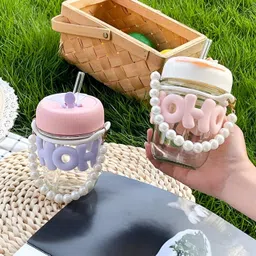 ridhhu mart Premium Glass Water Sparkle Strap Cup Birthday Gift Cute Water Milk Juice Glass Mason Jar image 3