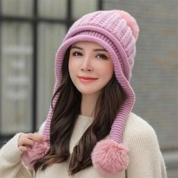 highever Cute warm soft fur inside with earflap three pom-pom knitted women winter cap Woven Beanie-picture-33