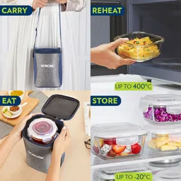 borosil Alora Borosilicate Glass Lunchbox, 3pc Set (320ml x 2 + 240ml x 1) Office Tiffin 3 Containers Lunch Box image 2