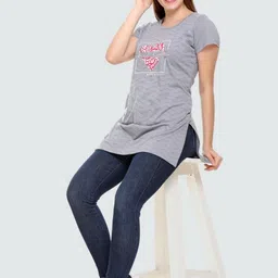 white moon Women Printed Round Neck Cotton Blend Grey T-Shirt image 5