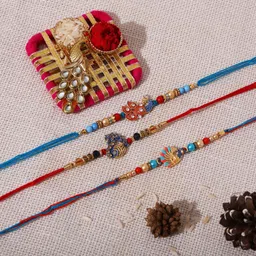 true decor Designer Set Of 3 Peacock Jarkan Rakhi Assorted Chawal Roli Pack Set-picture-17