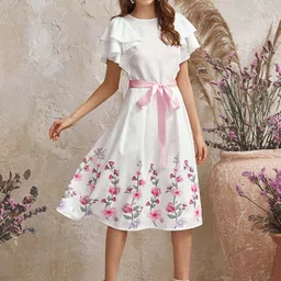 tadkeshvar Women Fit and Flare White, Pink, Green Knee Length Dress-picture-16