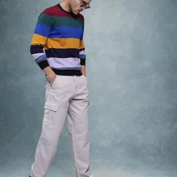 roadster Men Striped Round Neck Multicolor Sweater image 4