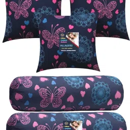villagers Microfibre Bolster Pack of 5 Geometric 3 Cushion & 2 Bolster Set - Butterfly Print image 1