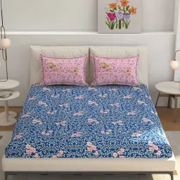 real dream Blue Floral Glace Cotton Queen Fitted Bed Sheets with 2 Pillow Covers (240 tc) image 1