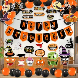 zyozique Black, Orange Halloween Decorations Items-Banner,Balloons,Swirls & Photo Booth 57 PCS-picture-14