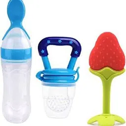 kajaree Silicone Fruit Teether & Food Nibbler & Spoon Bottle (Multicolor) (Pack of 3) Teether and Feeder-picture-15