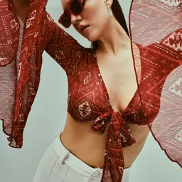 Casual Bell Sleeves Printed Women Multicolor Top-image-74