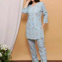 your style Women Top & Pyjama Set Light Blue Printed image 3