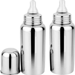 Stainless Steel Baby Feeding Milk Bottle with Silicone Nipple (Pack of 2) - 250 ml-image-21