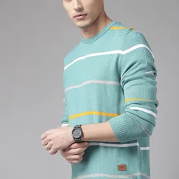 roadster Men Striped Round Neck Blue Sweater image 1