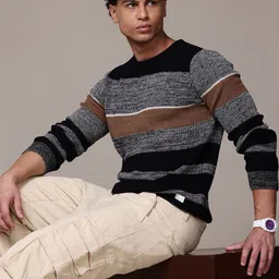 roadster Men Striped Round Neck Green Sweater-picture-25