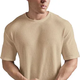 Men Self Design Round Neck Cotton Blend Beige T-Shirt-image-0