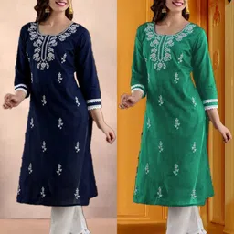 Pack of 2 Women Chikan Embroidery Cotton Blend Straight Kurta-image-70