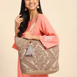 Anouk Self Design Oversized Shopper Tote Bag with Tasselled-picture-4