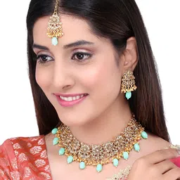 Yellow Chimes Gold-Plated Gold-Toned Kundan-Studded & Beaded Handcrafted Jewellery Set-picture-18