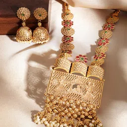 Rubans 24K Gold-Plated Pink & Off-White Ruby-Studded & Beaded Handcrafted Jewellery Set image 2