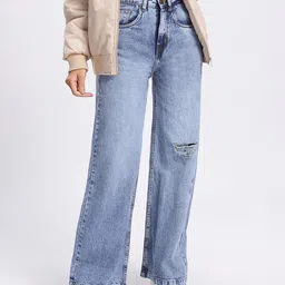 glitchez Women Classic Cuts Mildly Distressed Light Fade Wide LegJeans-image-68