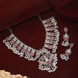 Saraf RS Jewellery Silver-Plated AD Studded & Beaded Oxidised Necklace and Earrings-picture-1