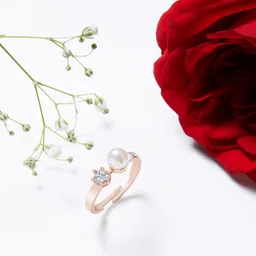 AMI Rose Women Gold-Plated White CZ-Studded & Pearl Beaded Adjustable Finger Ring-image-74