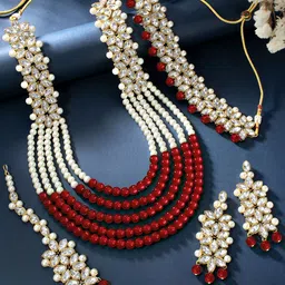 Peora Maroon & White Gold Plated Artificial Stones & Beads Jadau Necklace Jewellery Set-image-36