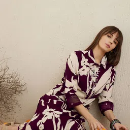 Indo Era Women Shirt Coller Floral Printed Regular Sequinned Kurta with Trousers-picture-19