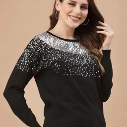 Mafadeny Women Black & White Quirky Pullover with Embellished Detail-image-77
