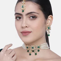 I Jewels Green & White Gold Plated Kundan & Pearl Studded Necklace Set-image-61