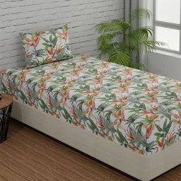 Huesland Green & White Floral Fitted Cotton 144 TC Single Bedsheet With 1 Pillow Cover-picture-13
