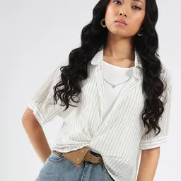 StyleCast X SERA Off white Striped Oversized Shirt with Necklace & Inner Tank Top-image-14