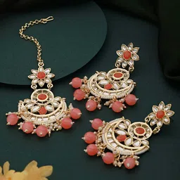 Saraf RS Jewellery Gold-Plated Kundan-Studded & Pearls-Beaded Maangtika Earring Set-picture-41