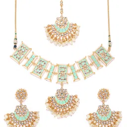 Zaveri Pearls Sea Green Gold-Plated Enamelled Kundan-Studded Beaded Jewellery Set-image-0