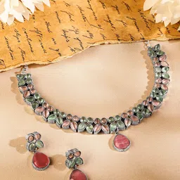 Rubans Oxidised Silver-Plated Pastel Pink & Green Kundan Studded Necklace Set with Drops-picture-23