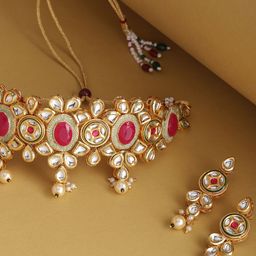 Priyaasi Pink Gold-Plated Kundan-Studded & Beaded Handcrafted Choker Jewellery Set-picture-14