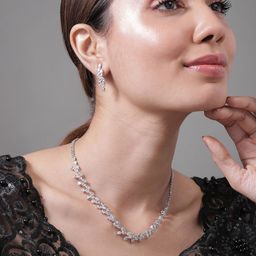 Rubans Rhodium-Plated Cubic Zirconia & American Diamond-Studded Floral Motif Jewellery Set-image-24