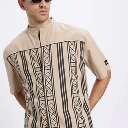 UNRL Geometric Print Pure Cotton Mandarin Collar Drop-Shoulder Sleeves Oversized Shirt-picture-44