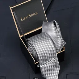 LOUIS STITCH Men's Checkered Black Italian Silk Necktie Accessory Gift Set-picture-40