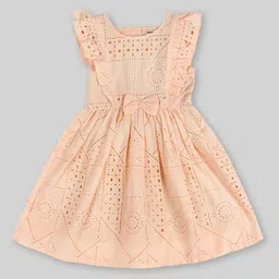 INCLUD Girls Self Design Flutter Sleeves Gathered or Pleated Schiffli Fit & Flare Dress-picture-12