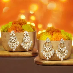 Zaveri Pearls Set Of 2 Gold-Plated Artificial Stones Studded & Beaded Drop Earrings-picture-21