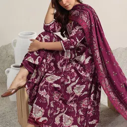 Libas Womens Burgundy Printed Cotton Anarkali Kurta With Trousers & Dupatta-picture-37