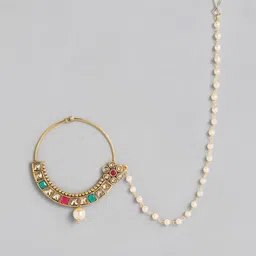 I Jewels Gold-Plated & Turquoise Blue Studded & Beaded Chained Nose Ring image 4