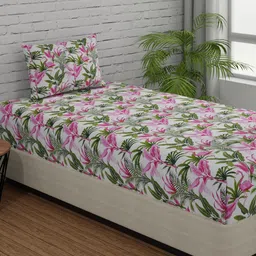 Huesland Comfort Pink & White Floral 144 TC Cotton Single Bedsheet with 1 Pillow Cover image 4