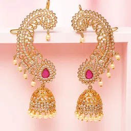 Rubans 22K Gold-Plated Ruby Pink AD & White Cubic Zirconia Studded Ear-Cuff Jhumka Earring image 2
