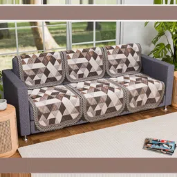 Kuber Industries White & Brown Set Of 2 Geometric Printed 3 Seater Velvet Sofa Cover image 3