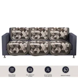 Kuber Industries White & Brown Set Of 2 Geometric Printed 3 Seater Velvet Sofa Cover image 5