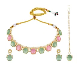 ASMITTA JEWELLERY Set Of 2 Gold-Plated Stone Studded & Beaded Choker Jewellery Set image 4