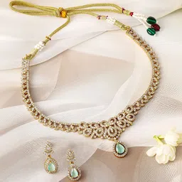 Rubans 22K Gold-Plated Aqua Green Stone & Cubic Zirconia Studded Traditional Necklace Set image 2