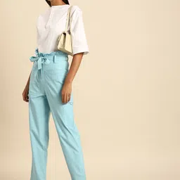 Athena Women Blue Smart Regular Fit Solid Regular Trousers image 2