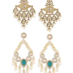 Zaveri Pearls Set Of 2 Gold-Plated Artificial Stones Studded & Beads Beaded Drop Earrings image 3
