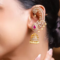 Rubans 22K Gold-Plated Ruby Pink AD & White Cubic Zirconia Studded Ear-Cuff Jhumka Earring image 5